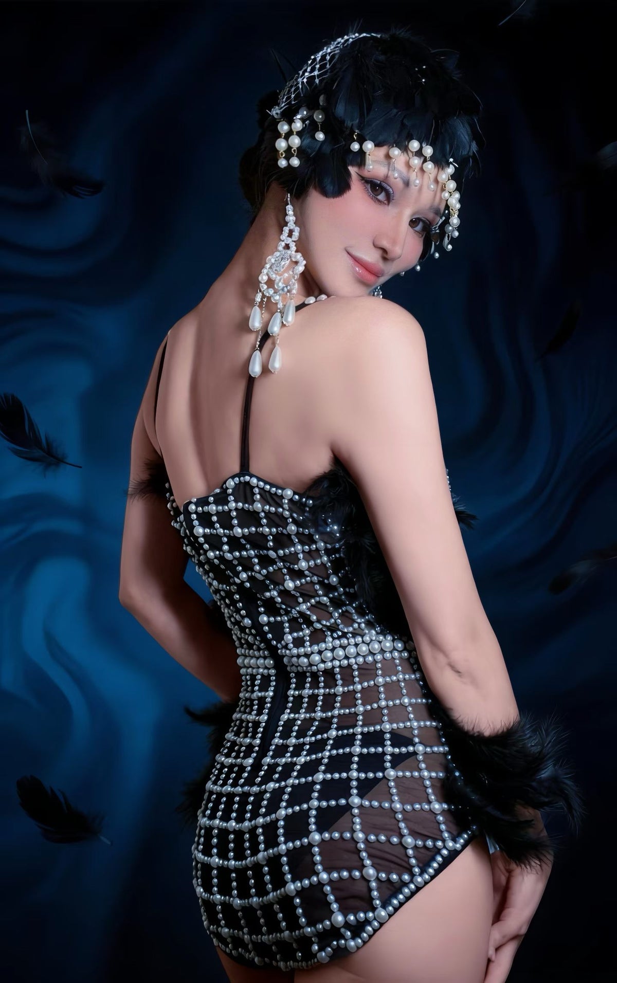 CELESINYI Junjun Crystal Pearl Feather Flapper Bodysuit