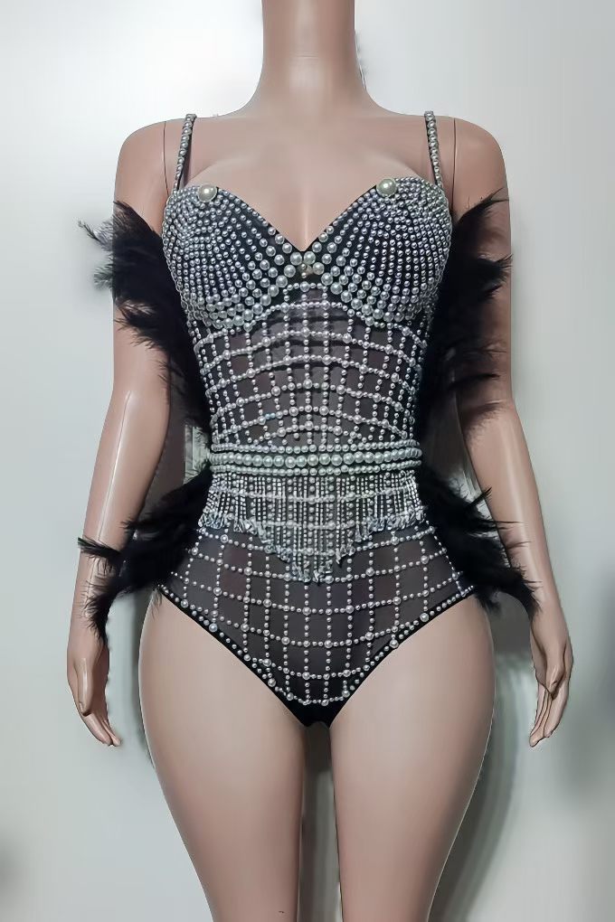 CELESINYI Junjun Crystal Pearl Feather Flapper Bodysuit