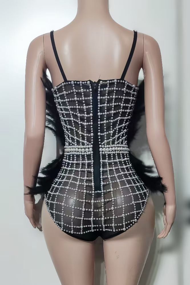 CELESINYI Junjun Crystal Pearl Feather Flapper Bodysuit