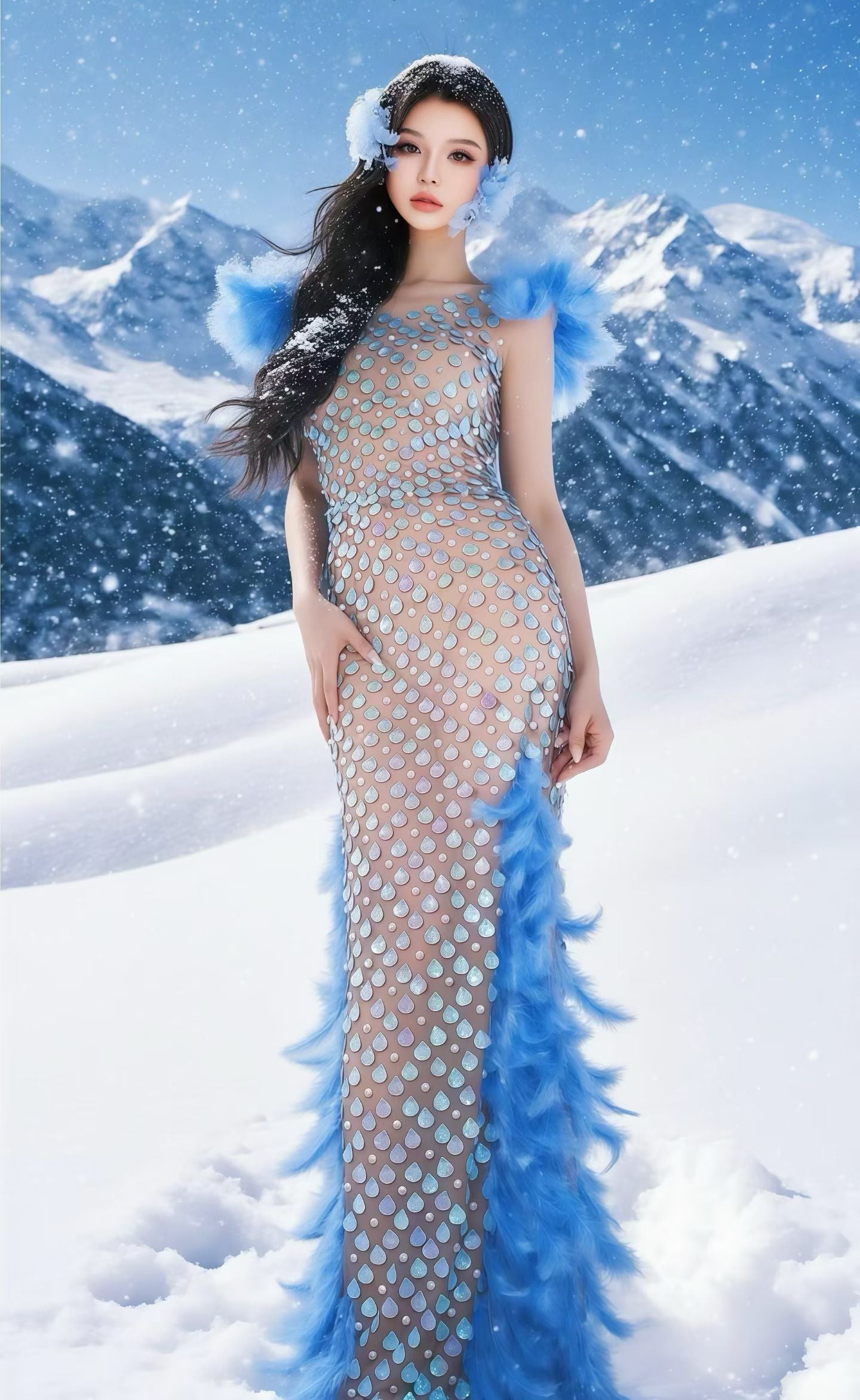 CELESINYI Lanxue Crystal Iridescent Scale Feather Gown