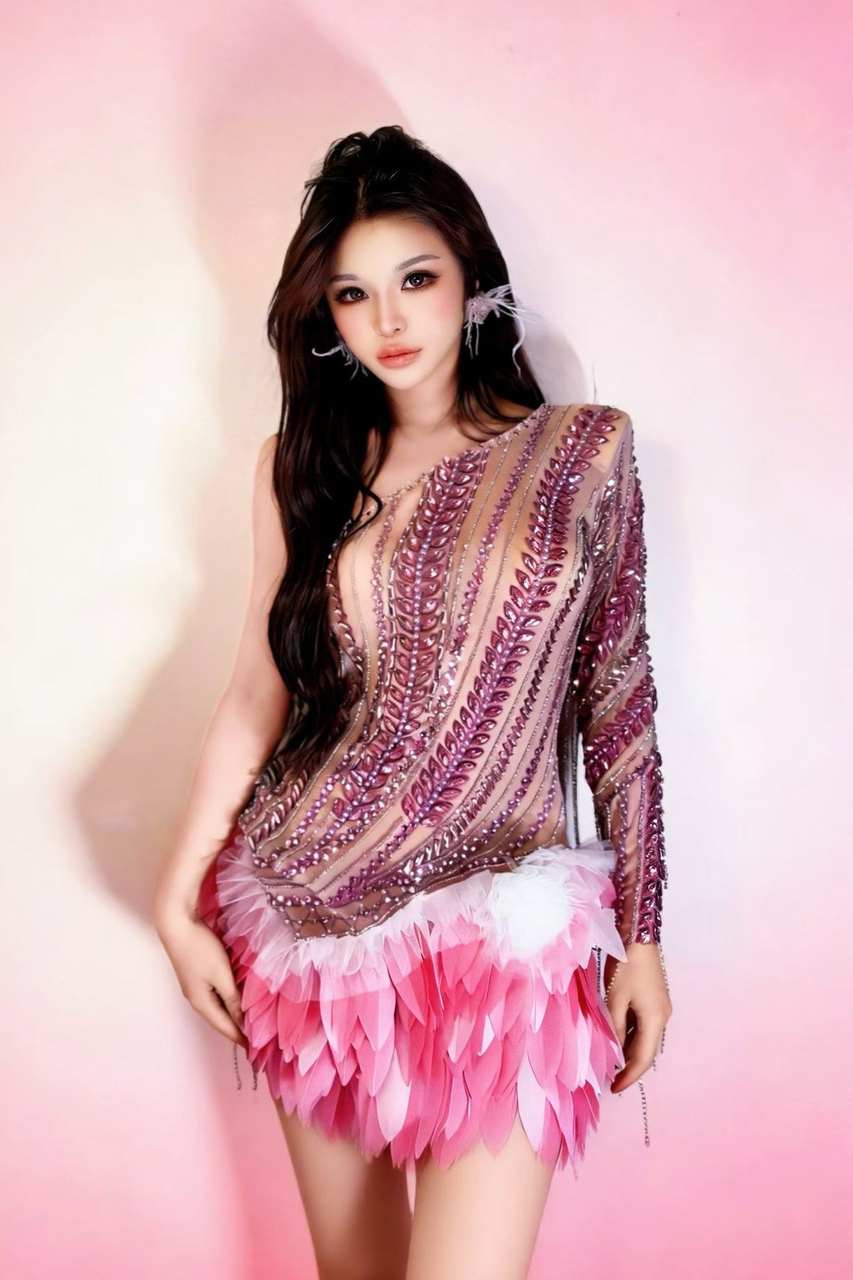 CELESINYI Fenmangxing Crystal Asymmetric One-Shoulder Bodysuit