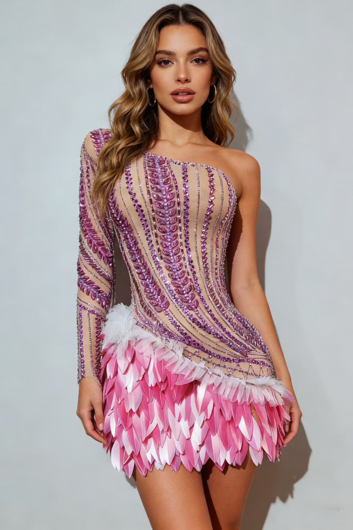 CELESINYI Fenmangxing Crystal Asymmetric One-Shoulder Bodysuit