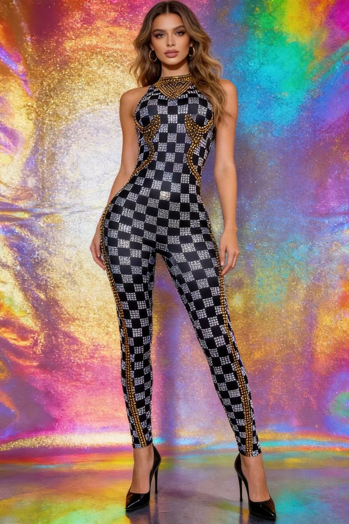 CELESINYI Qiju Crystal Checkerboard Cutout Catsuit