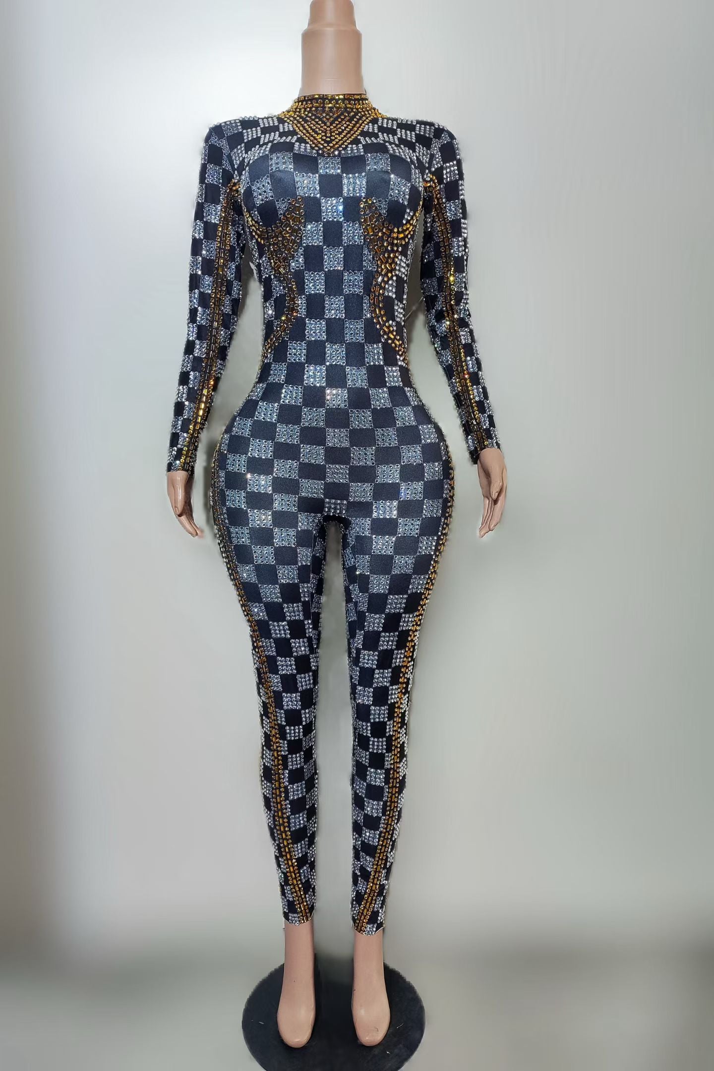 CELESINYI Qiju Crystal Checkerboard Cutout Catsuit
