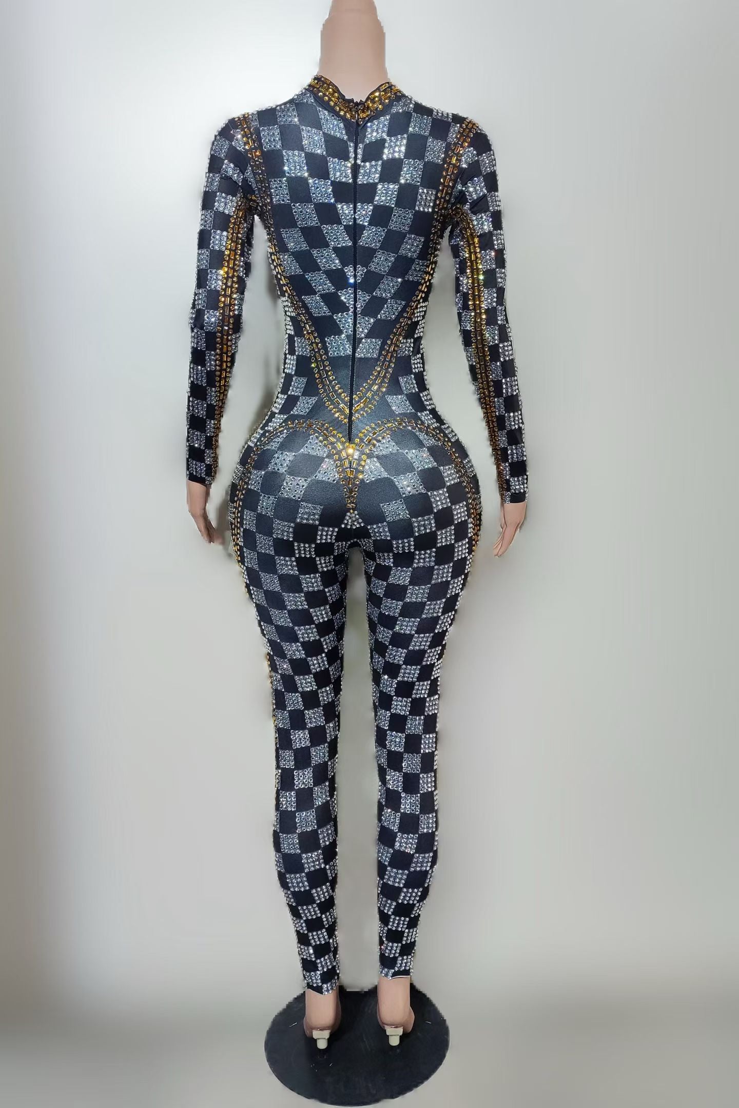 CELESINYI Qiju Crystal Checkerboard Cutout Catsuit