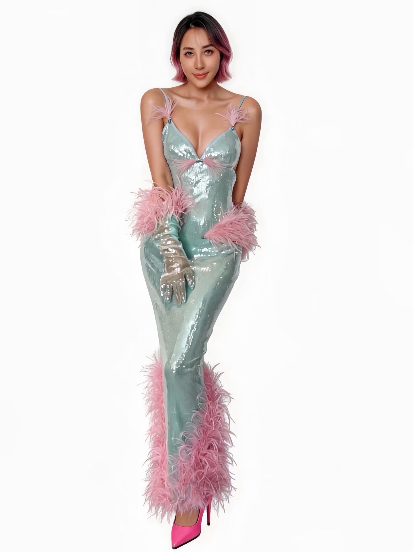 CELESINYI Lanfenjiaren Crystal Sequin Feather Mermaid Gown