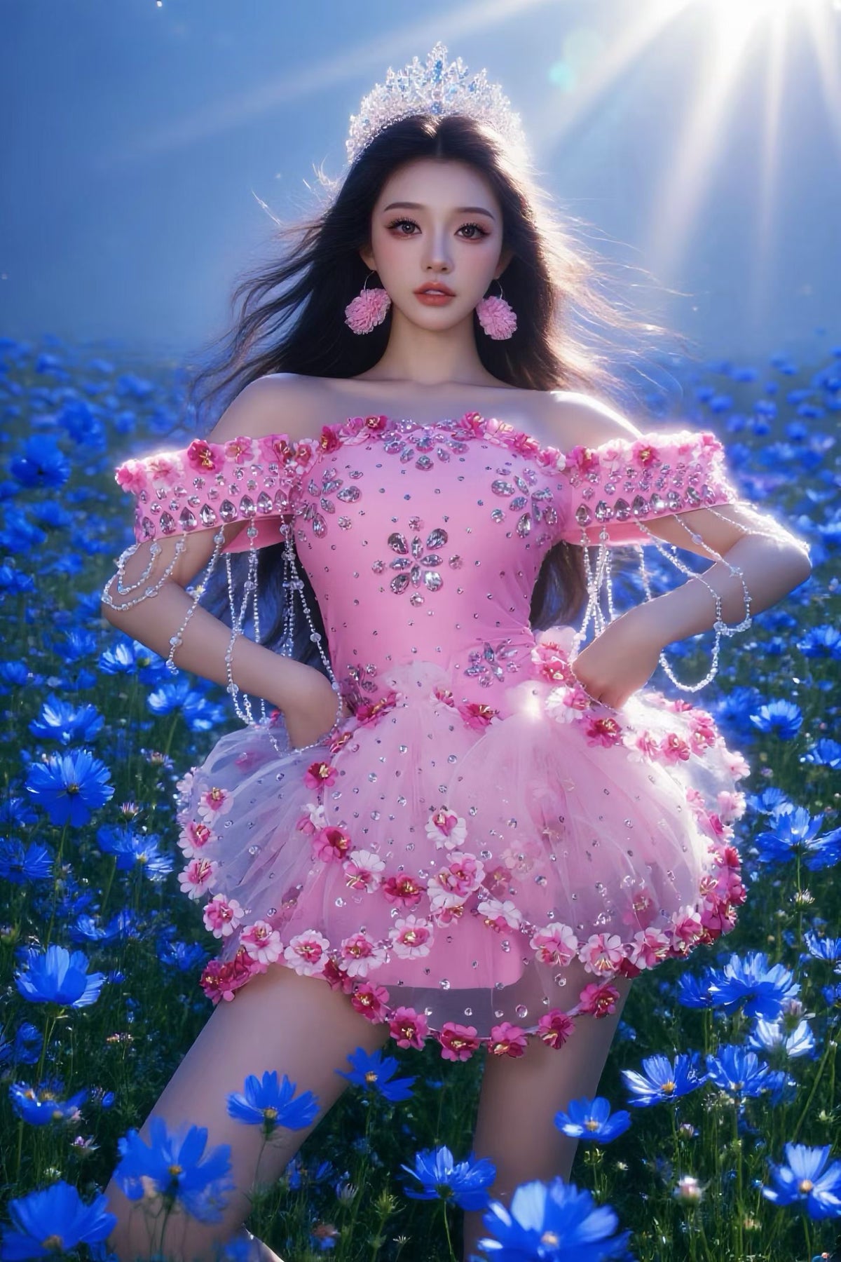 CELESINYI Taohua Crystal Peach Blossom Mini Dress