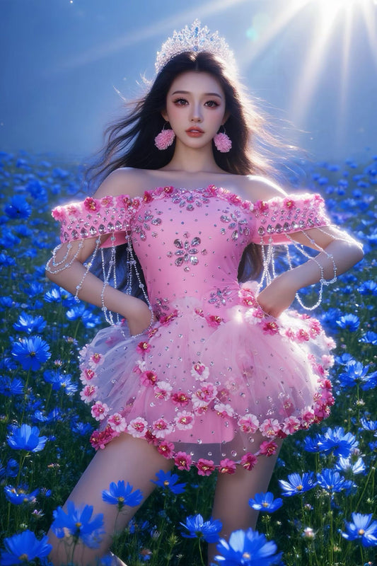 CELESINYI Taohua Crystal Peach Blossom Mini Dress