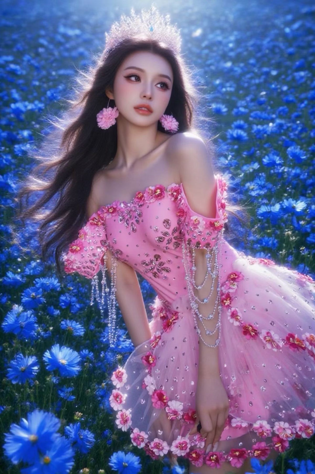 CELESINYI Taohua Crystal Peach Blossom Mini Dress