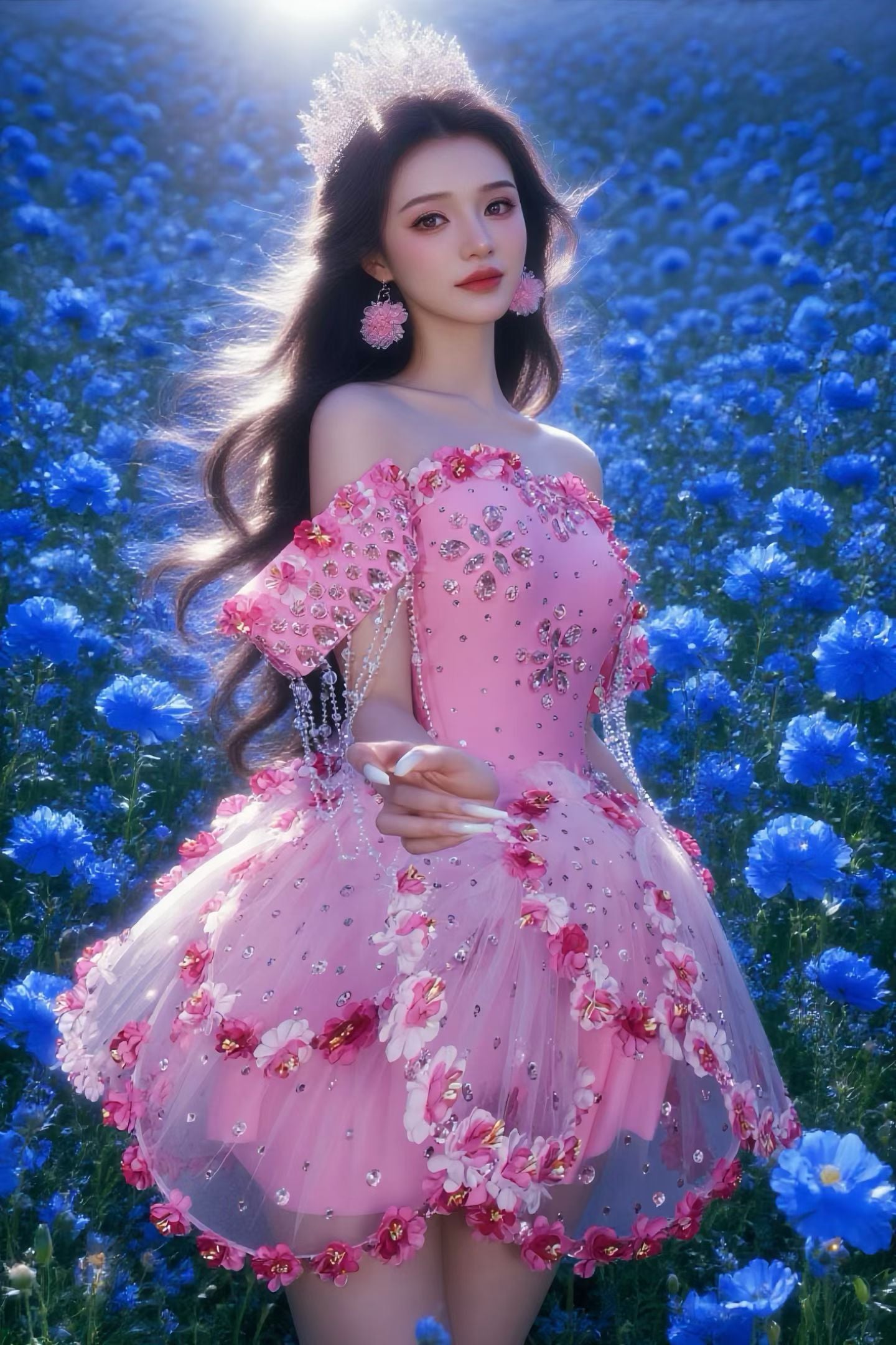 CELESINYI Taohua Crystal Peach Blossom Mini Dress