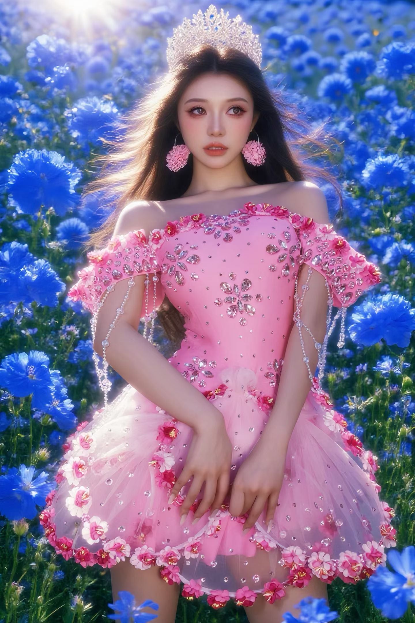 CELESINYI Taohua Crystal Peach Blossom Mini Dress