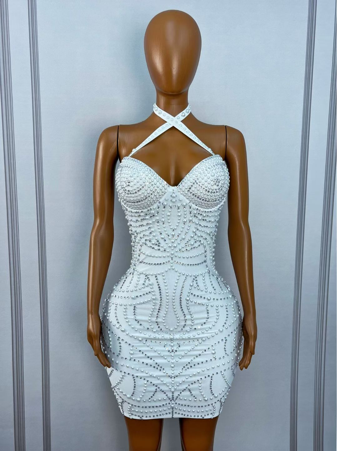 CELESINYI Yunxian Crystal Pearl Mini Dress