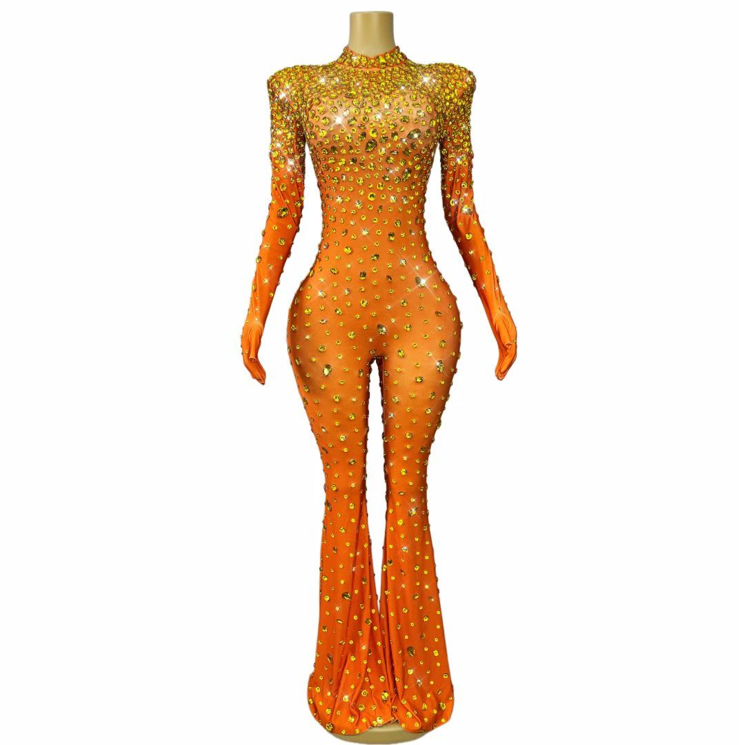 CELESINYI Dashuijing Crystal Bell-Bottom Jumpsuit (Orange)