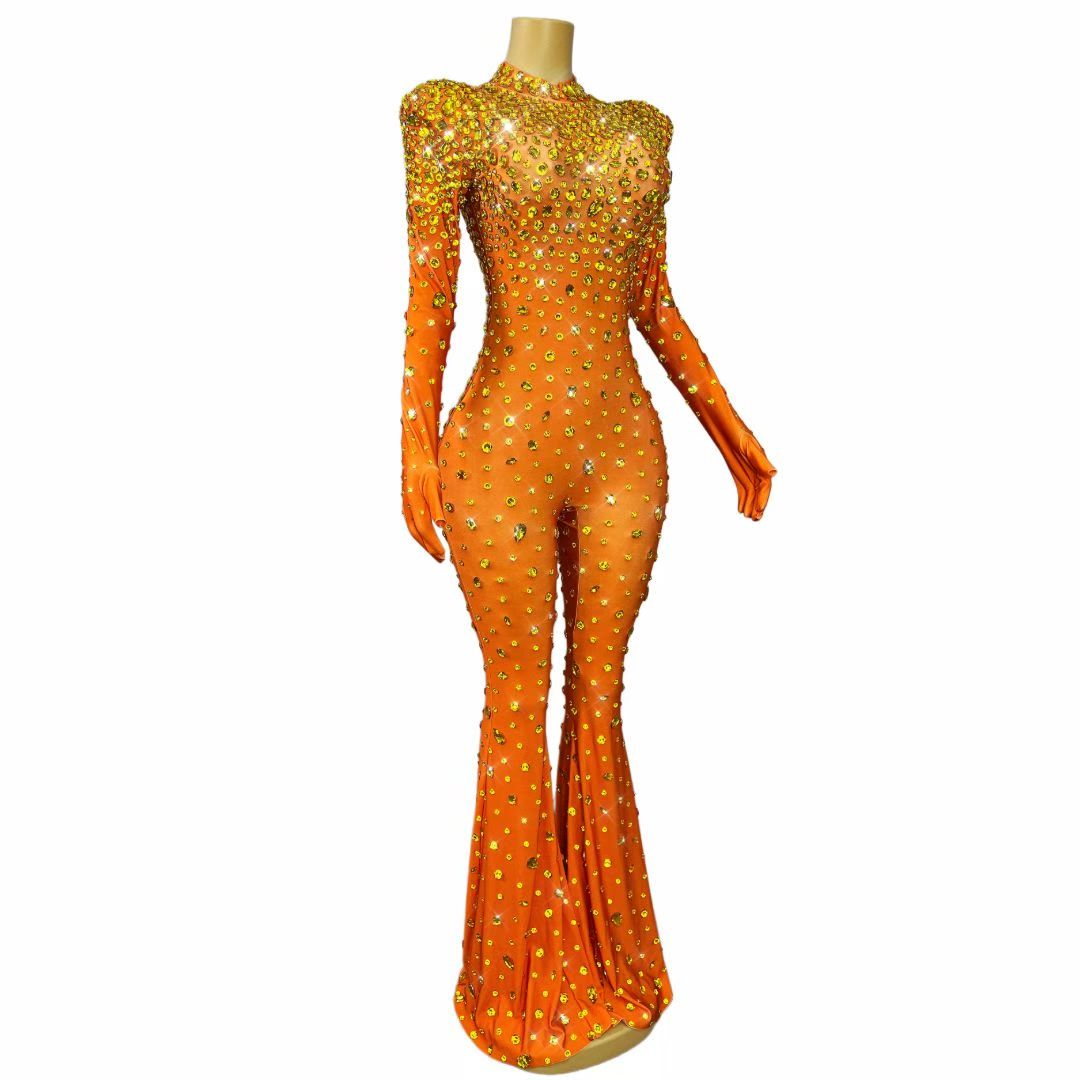 CELESINYI Dashuijing Crystal Bell-Bottom Jumpsuit (Orange)