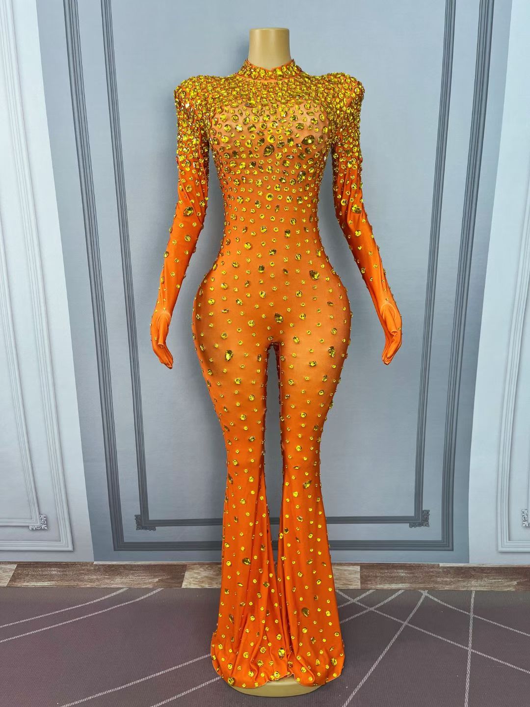 CELESINYI Dashuijing Crystal Bell-Bottom Jumpsuit (Orange)