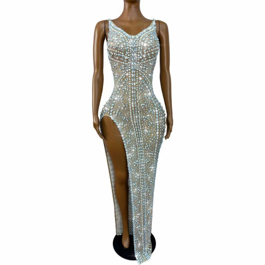 CELESINYI Dankai Crystal Pearl High Slit Gown