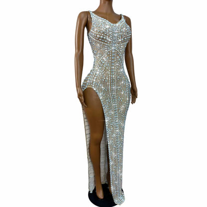 CELESINYI Dankai Crystal Pearl High Slit Gown