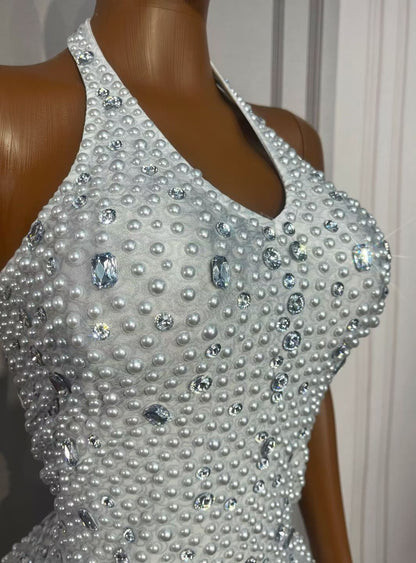 CELESINYI Baisizhu Crystal Pearl Halter Mini Dress
