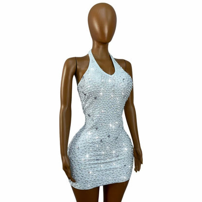 CELESINYI Baisizhu Crystal Pearl Halter Mini Dress