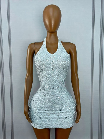 CELESINYI Baisizhu Crystal Pearl Halter Mini Dress