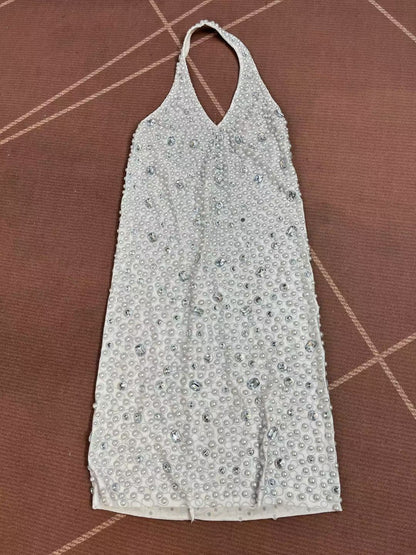 CELESINYI Baisizhu Crystal Pearl Halter Mini Dress
