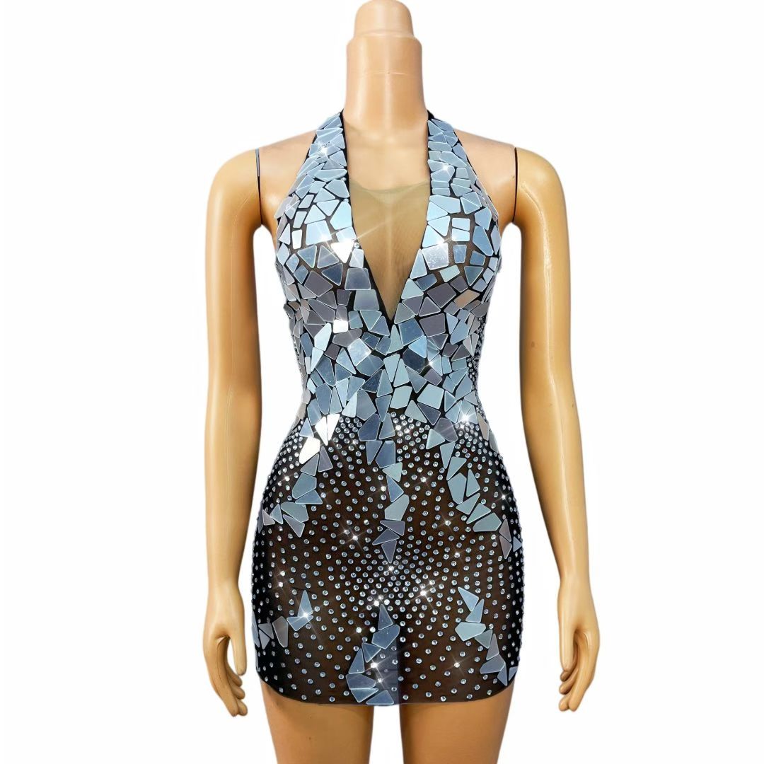 CELESINYI Qunxing Crystal Mirror Halter Mini Dress