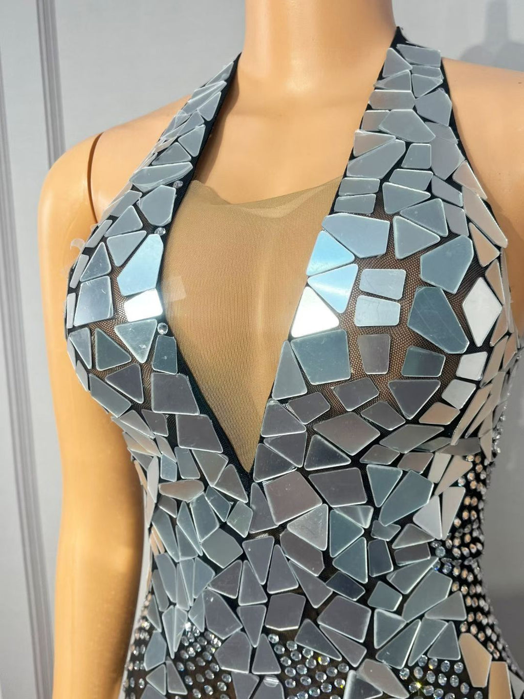 CELESINYI Qunxing Crystal Mirror Halter Mini Dress