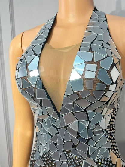 CELESINYI Qunxing Crystal Mirror Halter Mini Dress
