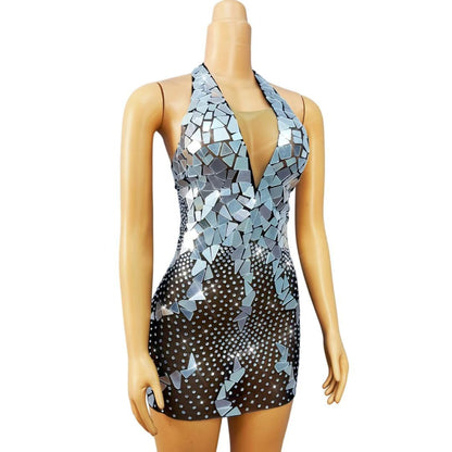 CELESINYI Qunxing Crystal Mirror Halter Mini Dress