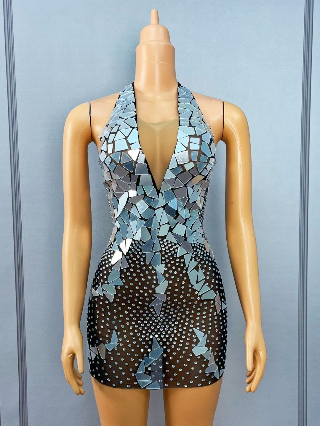 CELESINYI Qunxing Crystal Mirror Halter Mini Dress