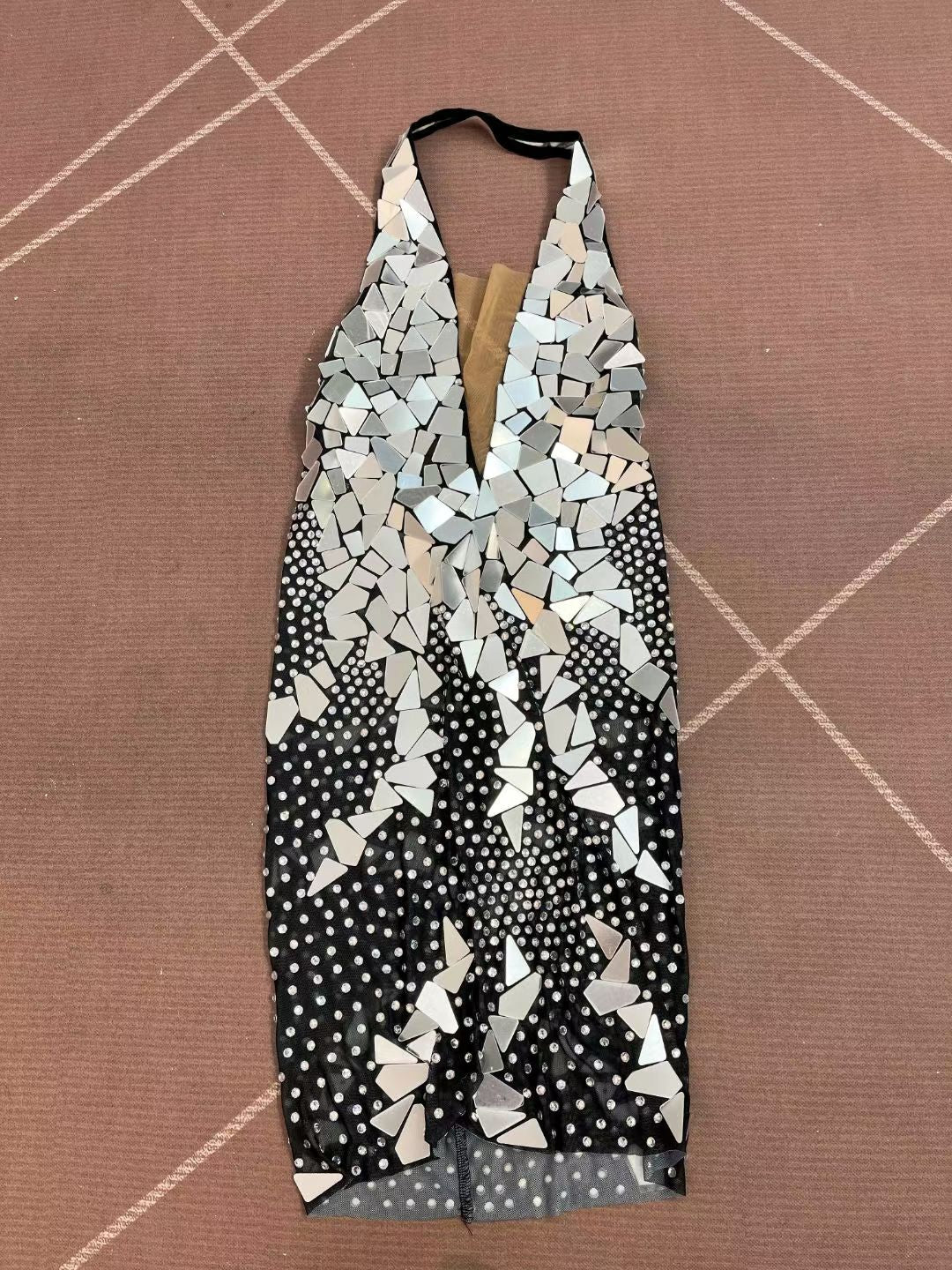 CELESINYI Qunxing Crystal Mirror Halter Mini Dress