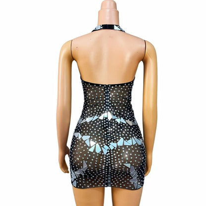 CELESINYI Qunxing Crystal Mirror Halter Mini Dress