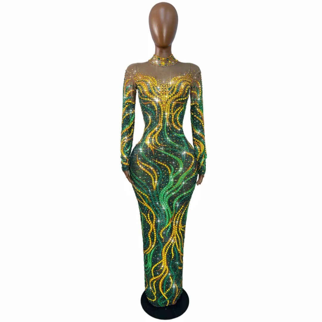 CELESINYI Shuren Crystal Tree Print Long Sleeve Gown