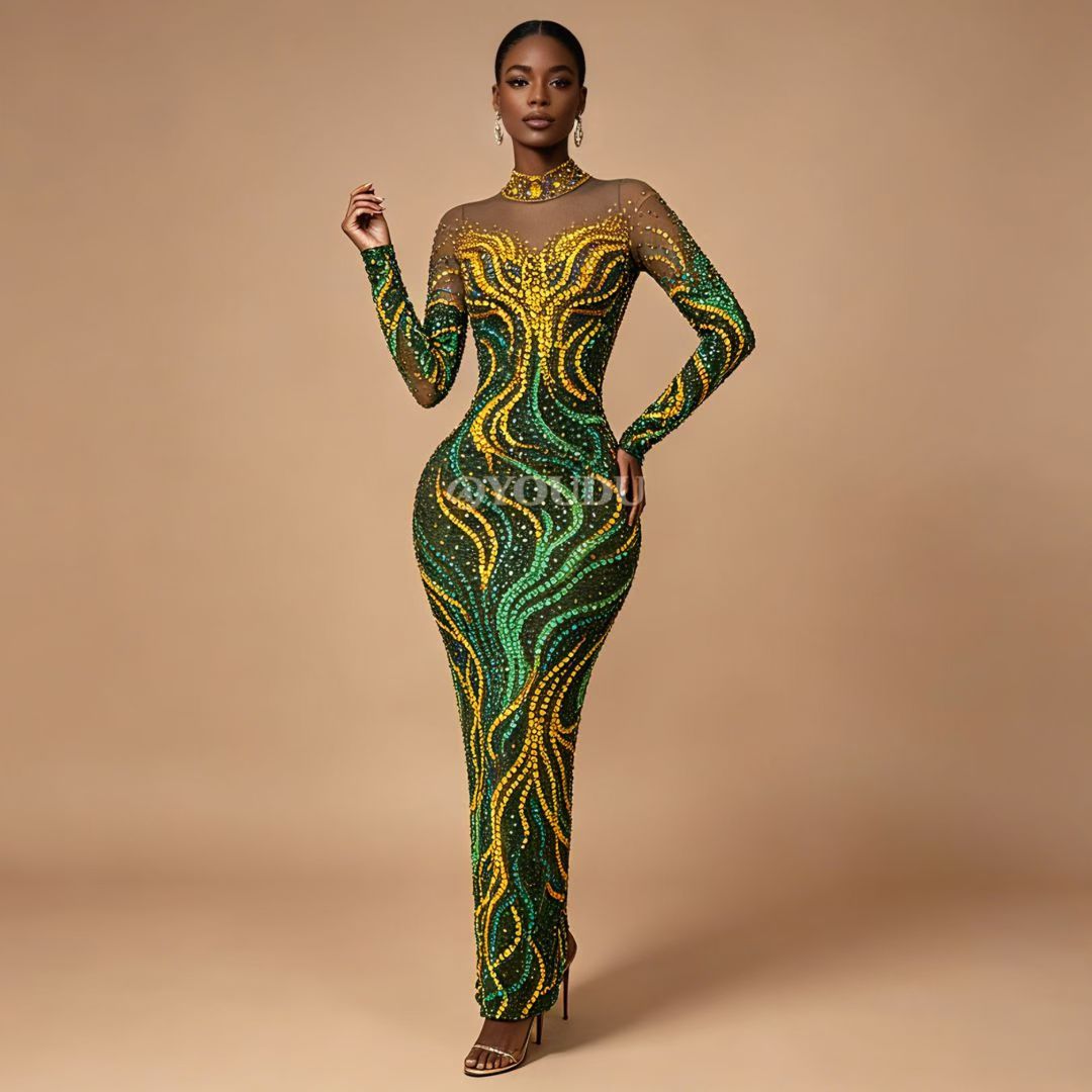 CELESINYI Shuren Crystal Tree Print Long Sleeve Gown