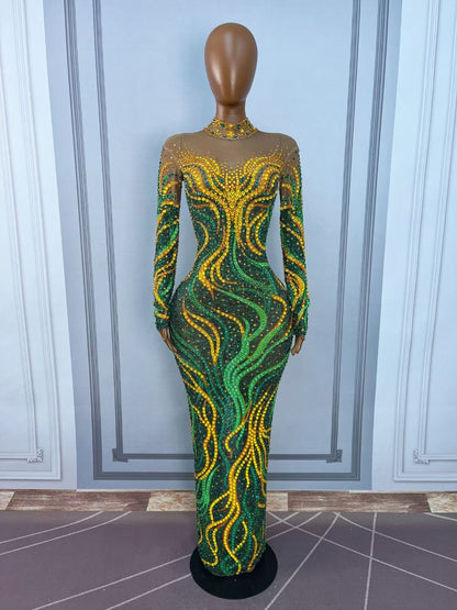 CELESINYI Shuren Crystal Tree Print Long Sleeve Gown