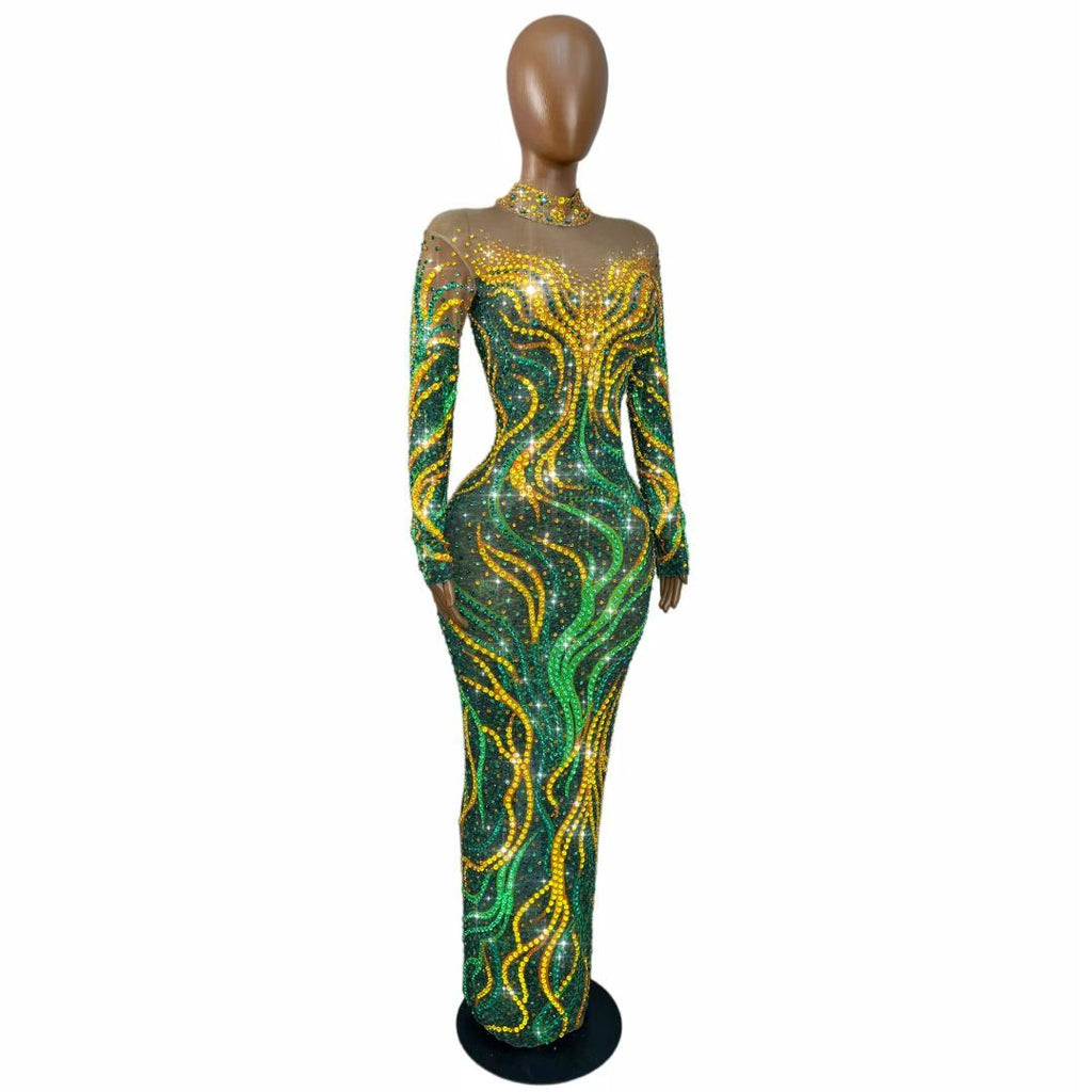 CELESINYI Shuren Crystal Tree Print Long Sleeve Gown