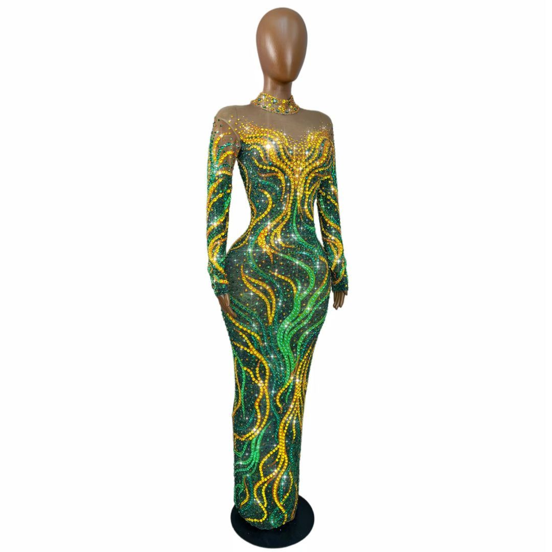 CELESINYI Shuren Crystal Tree Print Long Sleeve Gown
