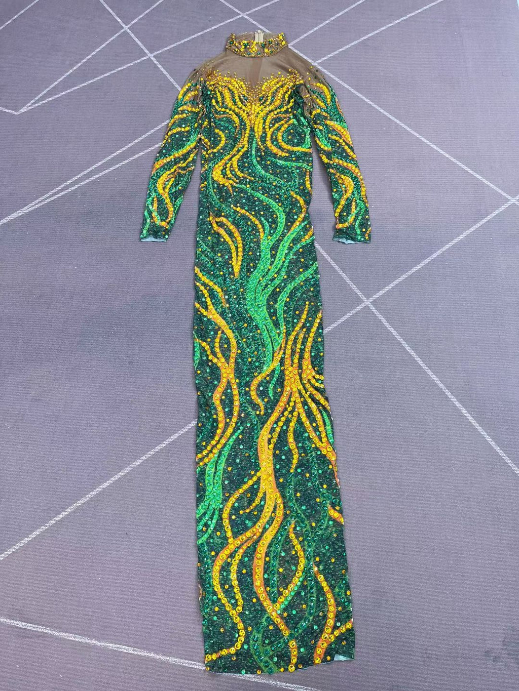 CELESINYI Shuren Crystal Tree Print Long Sleeve Gown
