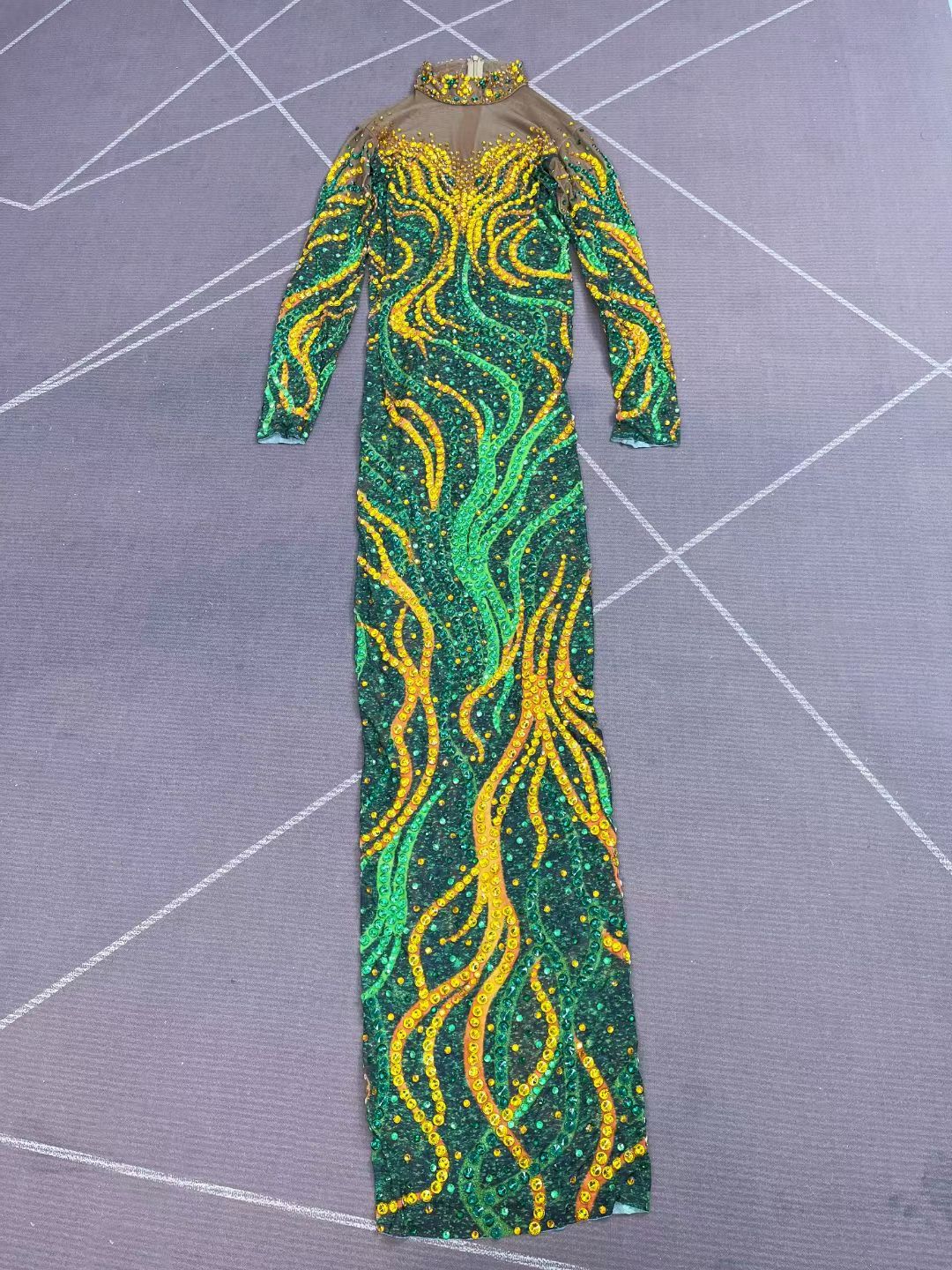 CELESINYI Shuren Crystal Tree Print Long Sleeve Gown