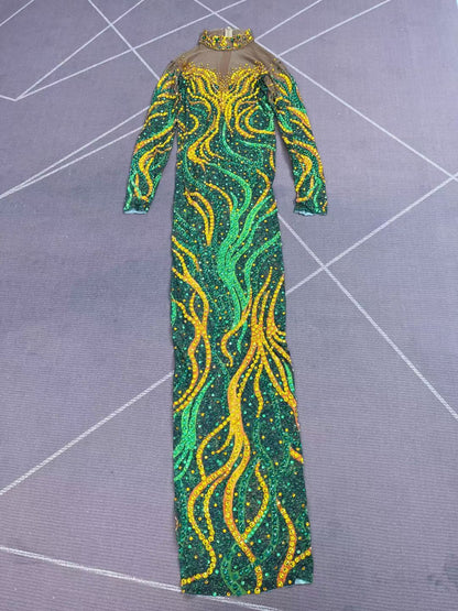 CELESINYI Shuren Crystal Tree Print Long Sleeve Gown