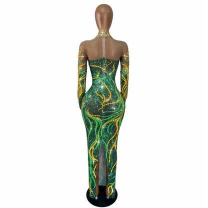 CELESINYI Shuren Crystal Tree Print Long Sleeve Gown