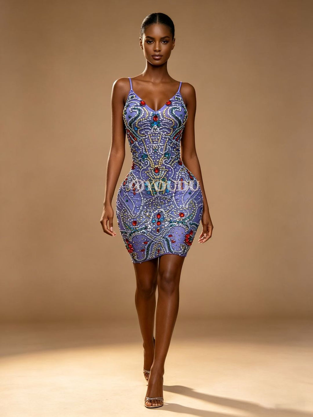 CELESINYI Lanwenyu Crystal Baroque Gem Mini Dress