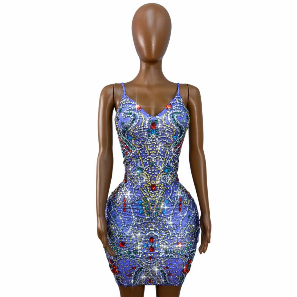 CELESINYI Lanwenyu Crystal Baroque Gem Mini Dress
