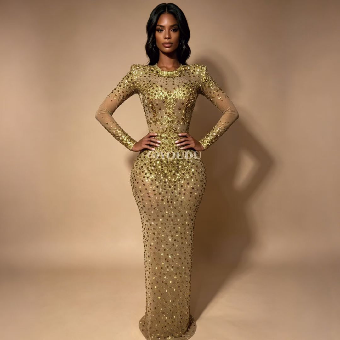CELESINYI Kafeidou Crystal Gold Long Sleeve Gown