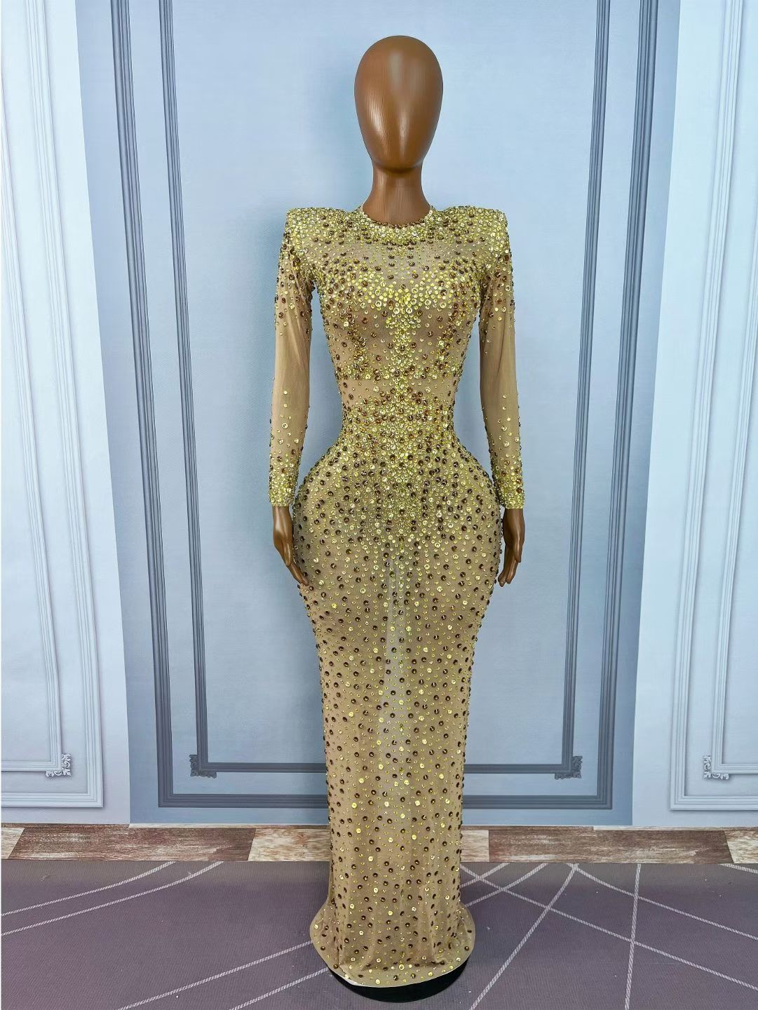 CELESINYI Kafeidou Crystal Gold Long Sleeve Gown