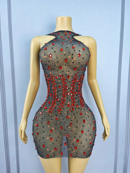 CELESINYI Hongyanyan Crystal Flame Halter Mini Dress