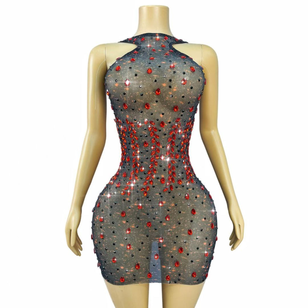 CELESINYI Hongyanyan Crystal Flame Halter Mini Dress