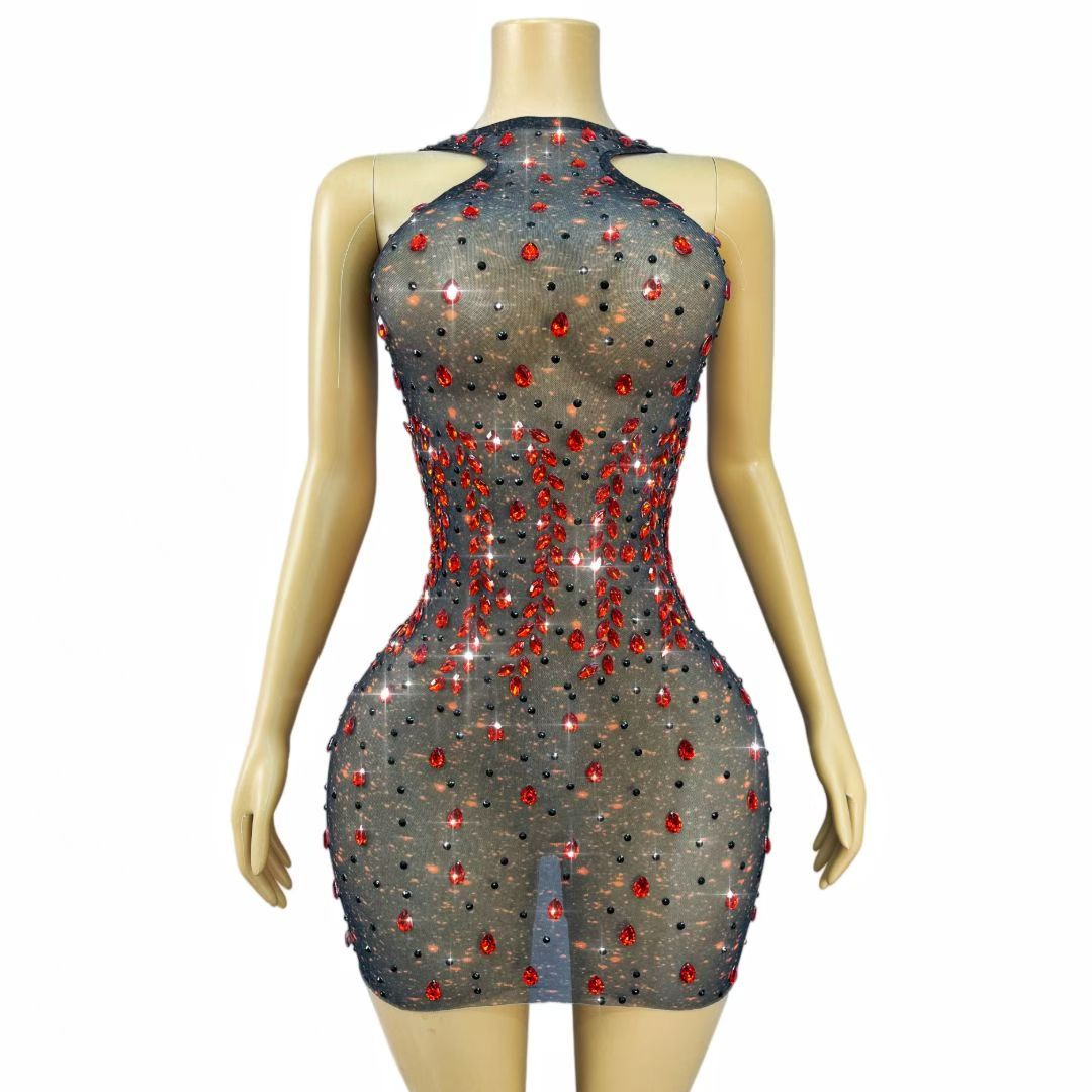 CELESINYI Hongyanyan Crystal Flame Halter Mini Dress