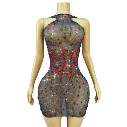 CELESINYI Hongyanyan Crystal Flame Halter Mini Dress