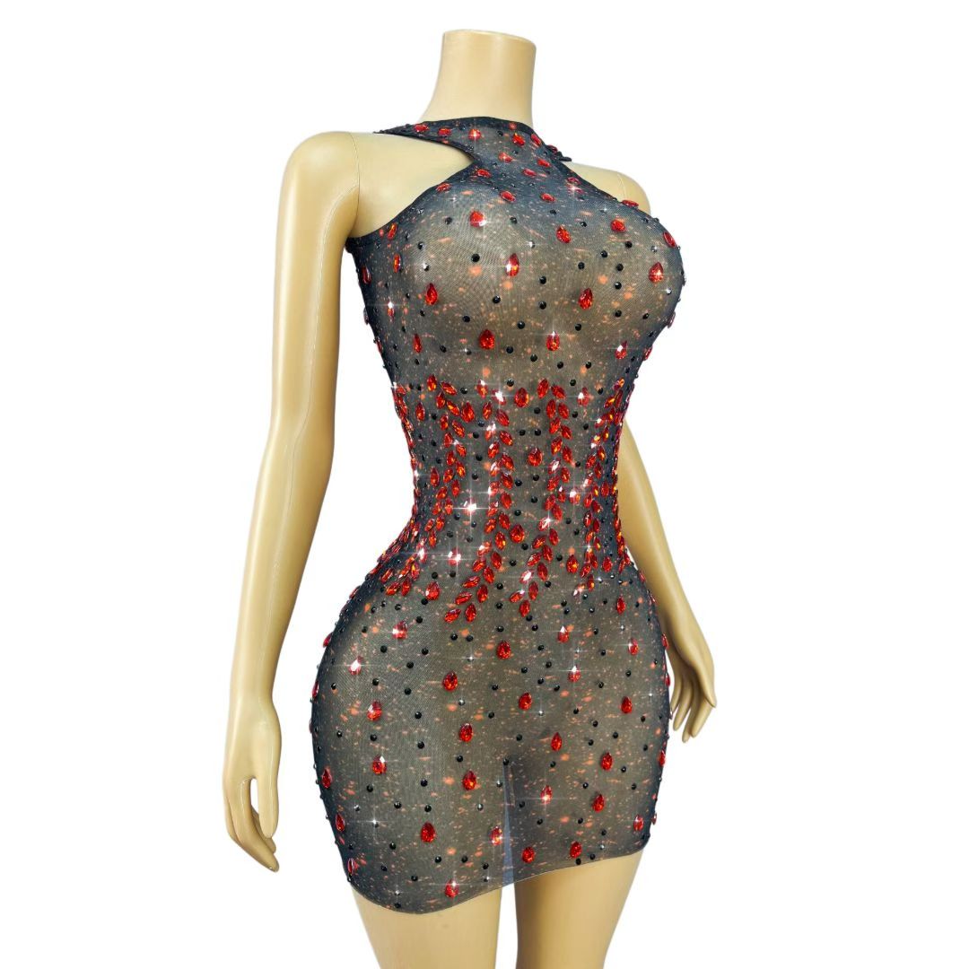 CELESINYI Hongyanyan Crystal Flame Halter Mini Dress